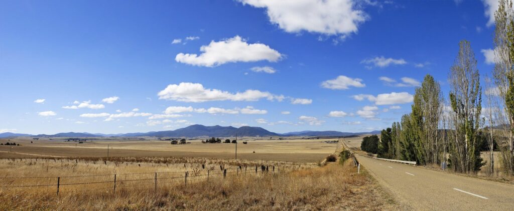 Wide rural landscape under a bright blue sky with scattered white clouds. A paved road runs straight into the distance on the right, bordered by tall trees on one side and dry grassland on the other. Foreground includes a wire fence and dry vegetation, while expansive fields and distant mountain ranges stretch across the background. This description emphasizes the openness, natural beauty, and tranquility of the rural scene, keeping it clear and accessible.