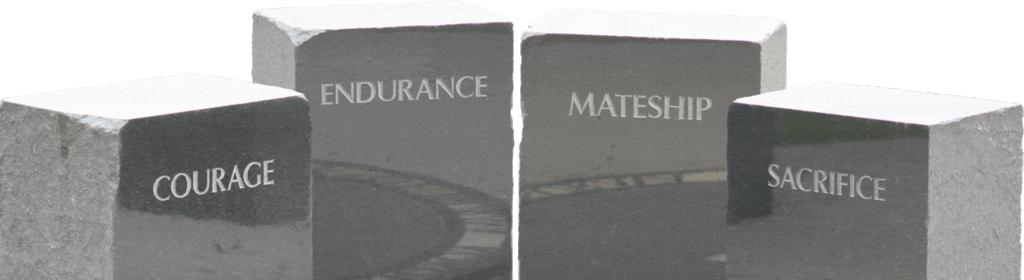 A row of four dark grey, rectangular stone monuments set against a transparent background. Each stone is engraved with a single word in a serif font: "COURAGE," "ENDURANCE," "MATESHIP," and "SACRIFICE."
