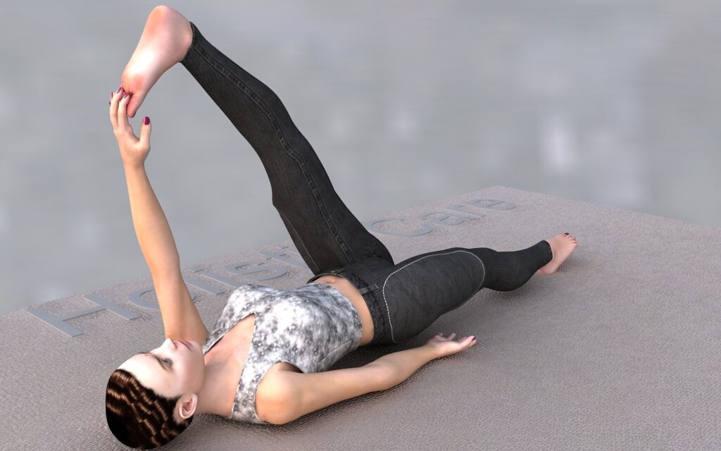 A digital rendering of a woman lying on her back on a gray textured mat. She is wearing a patterned crop top and dark leggings. One leg is raised vertically while she holds her foot with her hand, demonstrating a hamstring stretch.