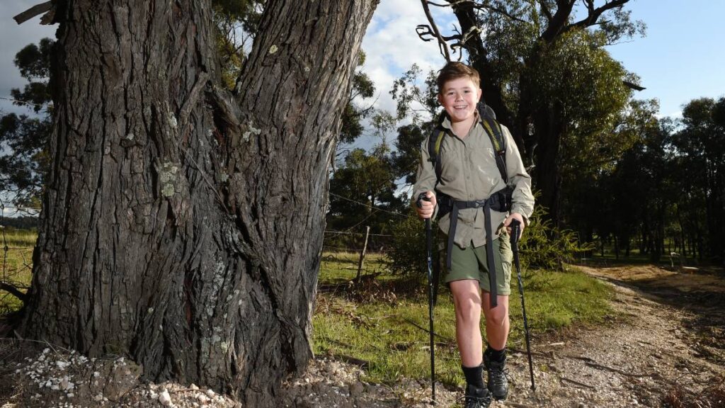 A young boy in hiking gear, including a backpack and walking poles, smiles while standing next to a large tree on a wooded path.