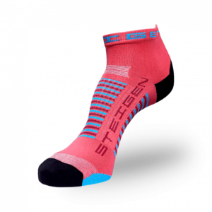 A coral-pink athletic sock with a black heel and light blue toe. It features light blue and navy horizontal stripes wrapping around the arch.