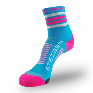 A sky blue athletic sock with a pink toe and heel. The cuff features white and pink horizontal stripes. The brand name "STEIGEN" is printed in white on the foot with pink and white stripes across the arch.