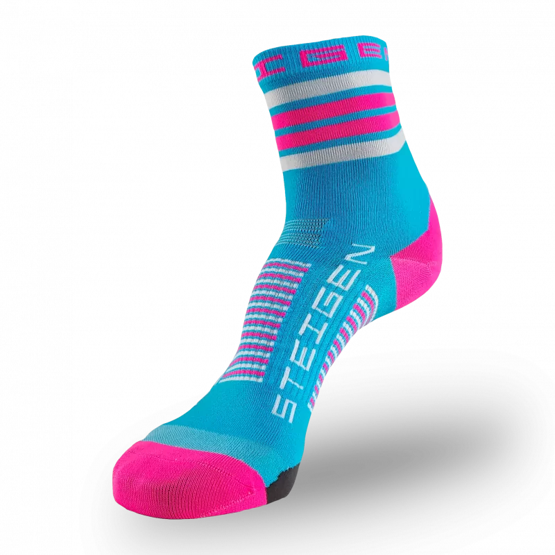 A sky blue athletic sock with a pink toe and heel. The cuff features white and pink horizontal stripes. The brand name "STEIGEN" is printed in white on the foot with pink and white stripes across the arch.