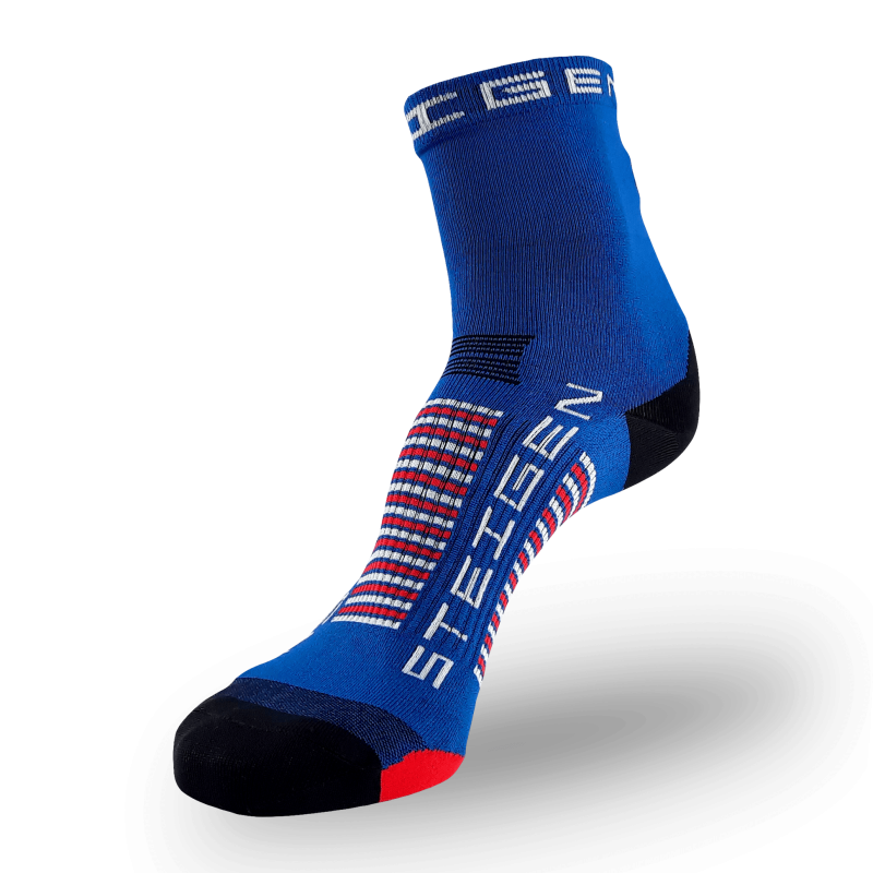 A bright blue athletic sock with a black toe and heel. It features navy, white, and red horizontal stripes across the arch and white vertical branding on the foot.