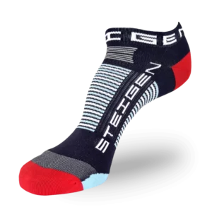 A navy blue athletic sock with a red heel and toe. It features light blue and white horizontal stripes across the arch and white branding vertically on the foot.