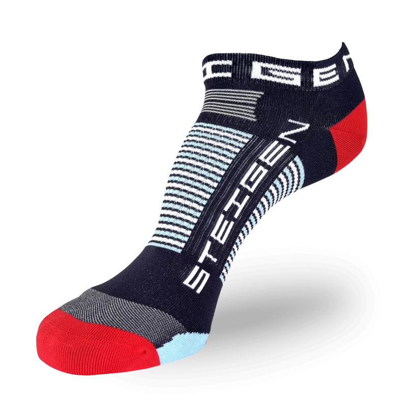 A navy blue athletic sock with a red heel and toe. It features light blue and white horizontal stripes across the arch and white branding vertically on the foot.