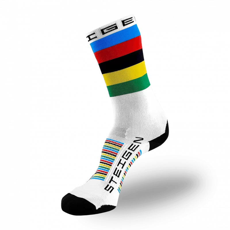 A white athletic sock with a black toe and heel. The ankle is decorated with several thick horizontal bands in blue, red, black, yellow, and green. It features multi-colored arch stripes and black vertical branding on the foot.