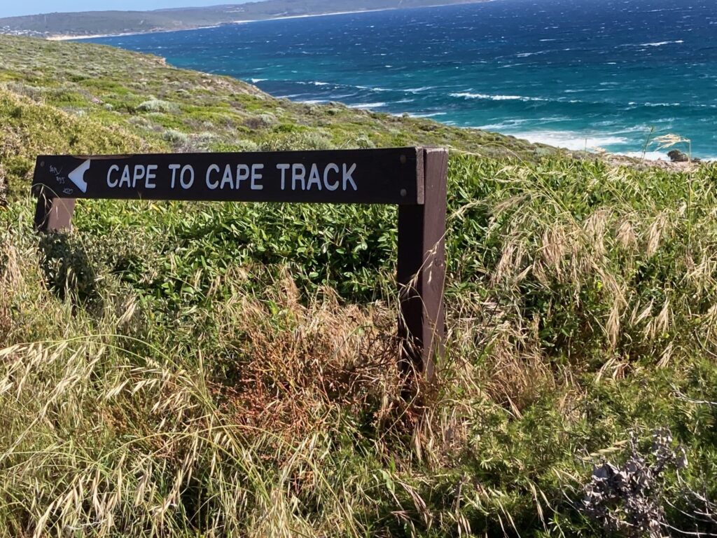 A low-angle shot of a wooden trail sign reading "CAPE TO CAPE TRACK" with a white arrow pointing left, situated on a grassy hill overlooking a blue ocean.