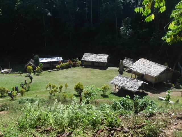 A high-angle view looking down into a small village clearing surrounded by a dense, dark green forest. The village consists of several traditional wooden houses with thatched roofs made of dried leaves, and one modern building with a corrugated metal roof. A group of hikers with backpacks is seen entering the clearing on the left via a grassy path.