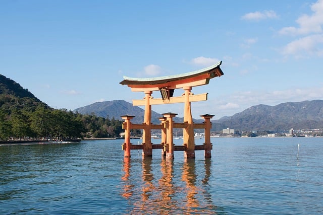 Torii gate on the surface of water.