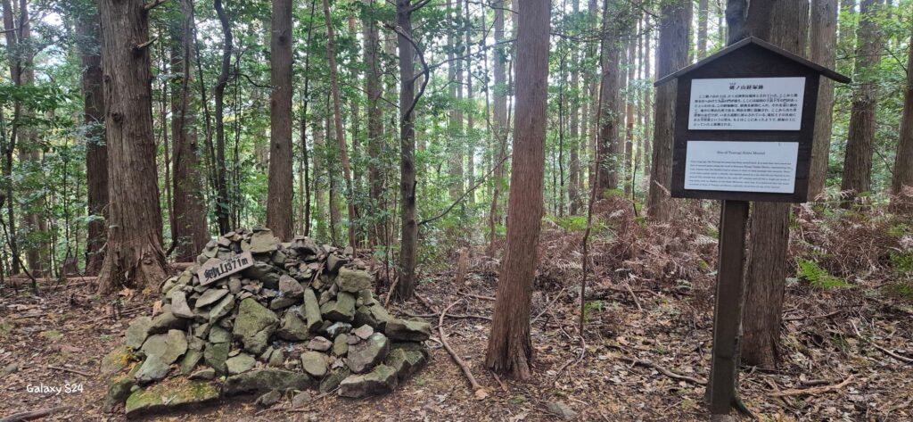 Forested area with tall trees and a pile of rocks in the foreground marked by a sign reading “剣山 371m”; nearby wooden signpost with roof provides historical information in Japanese and English about the former Tsurugi Station cable line summit site, active from 1930 to 1968.