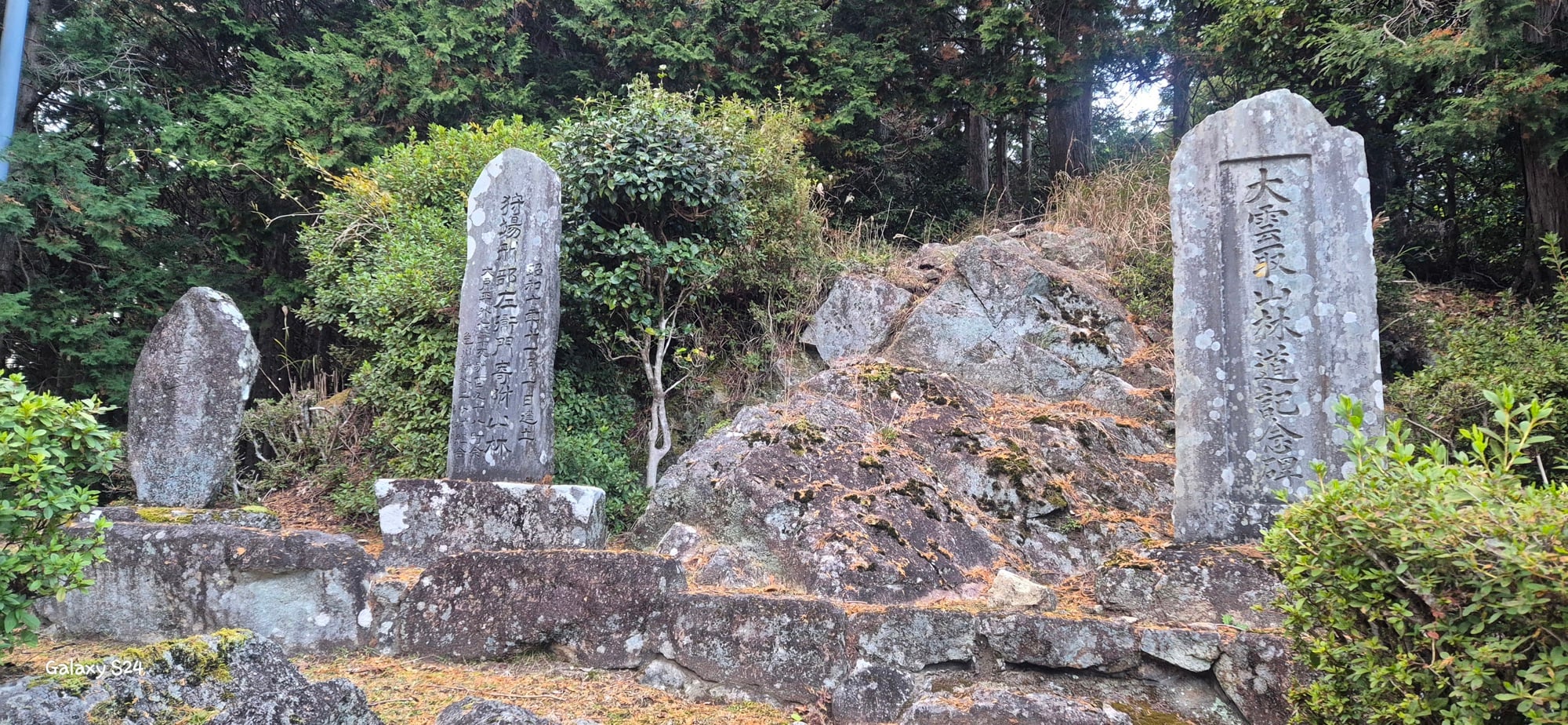 Group of vertical stone monuments with Japanese inscriptions set among rocks and greenery in a forested area; commemorative steles suggesting cultural or historical significance.