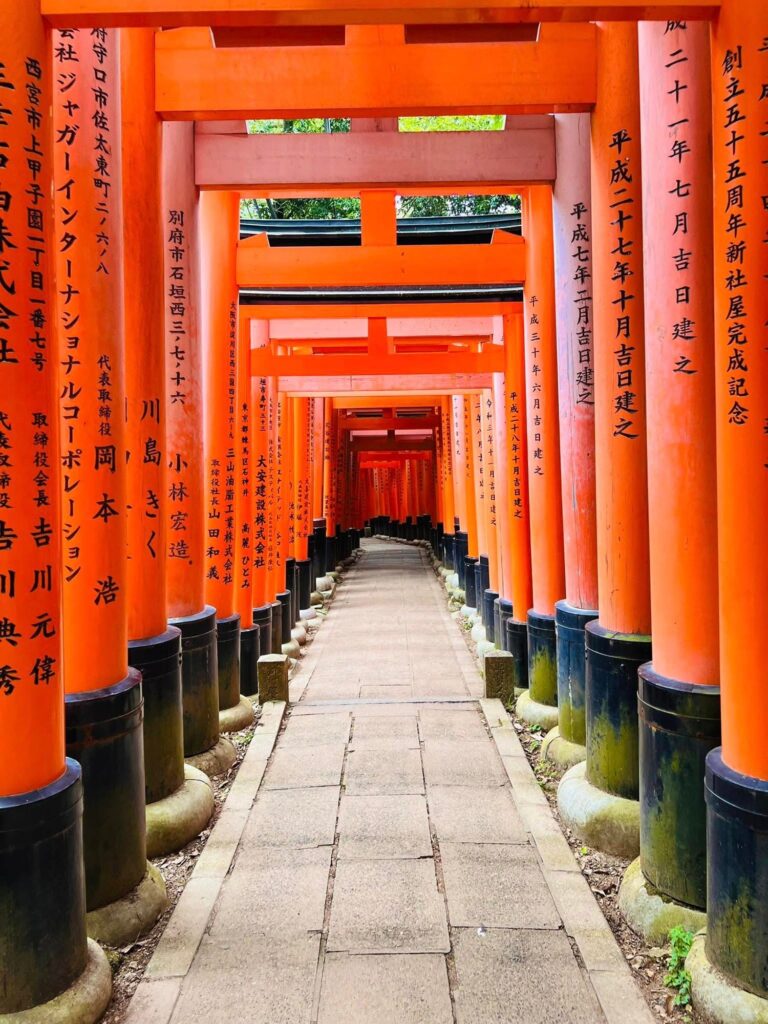 Stone pathway lined with closely spaced bright orange torii gates with black bases, forming a tunnel‑like passage; each gate inscribed with Japanese characters, leading into the distance and creating depth and perspective.