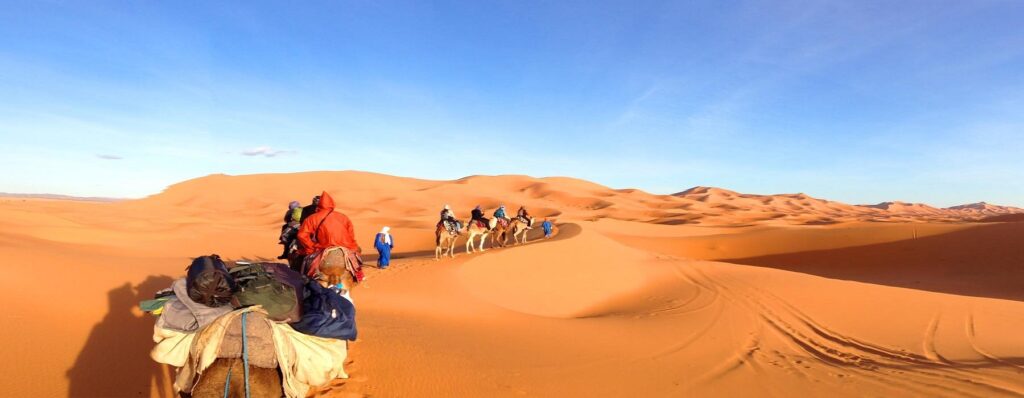 A line of camels and riders trekking across the vast, rolling orange dunes of the Sahara Desert under a clear blue sky.
