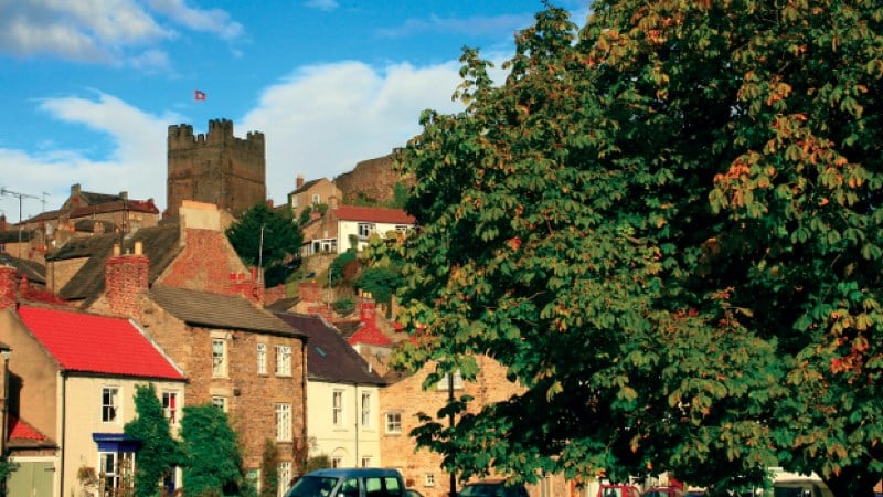 On the background, a square, crenelated stone castle tower sits on a hill, flying a small red flag. Below it, a row of two-story stone and painted houses with red and grey tiled roofs lines a street. A large, leafy green chestnut tree dominates the right foreground, framing the scene with late afternoon light.